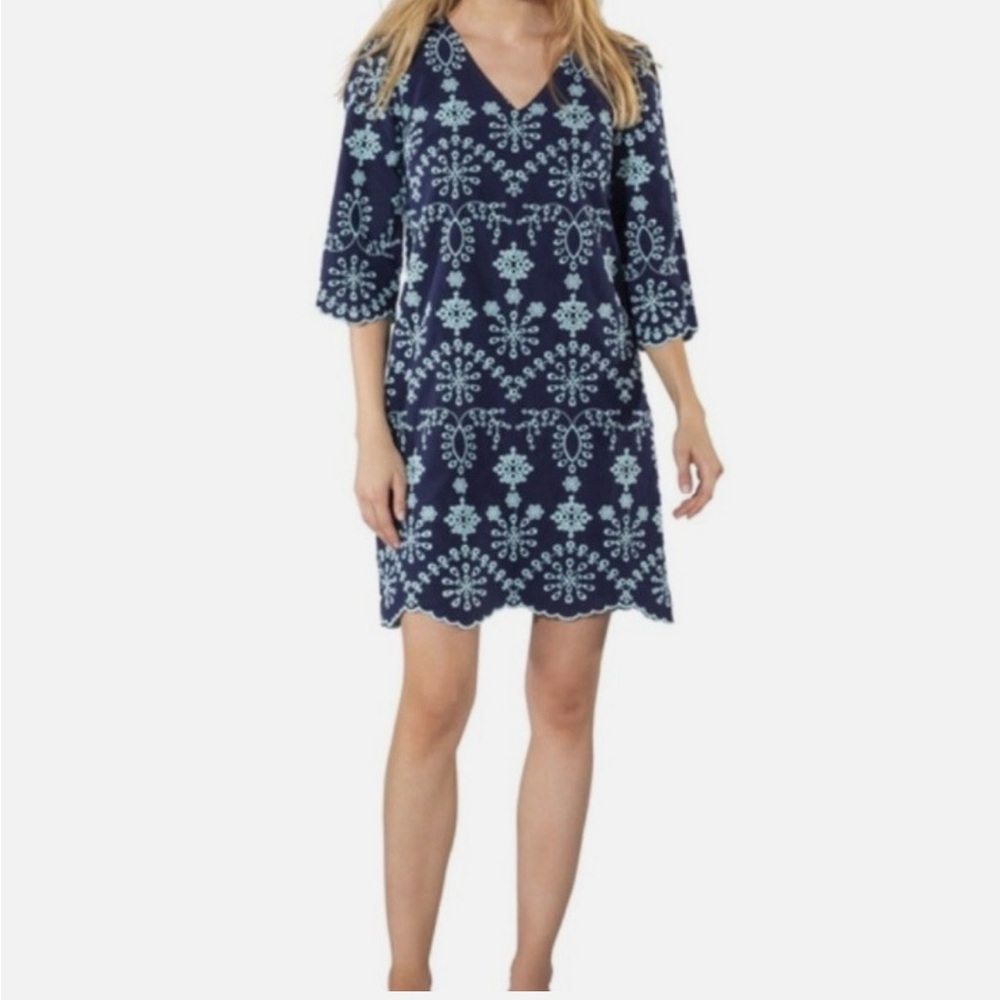 Sail to Sable Eyelet Embroidered Dress Medium Knee Length Scallop Hem Blue